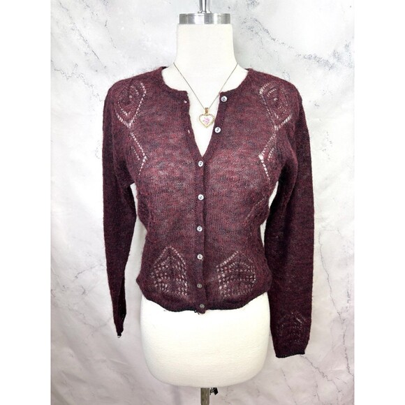 Calme Johnny Was y2k Burgundy Open Knit Cardigan Sweater Top S Wool Cottagecore - Picture 11 of 16